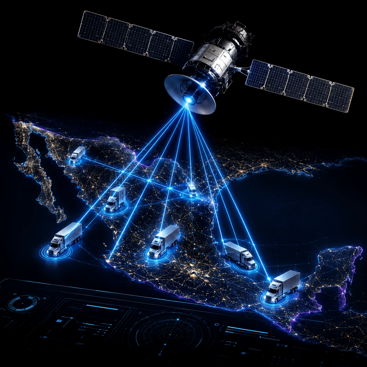 Siete tráileres rastreados por satélite a lo largo del mapa de México, cada uno conectado a la plataforma SYSTEC