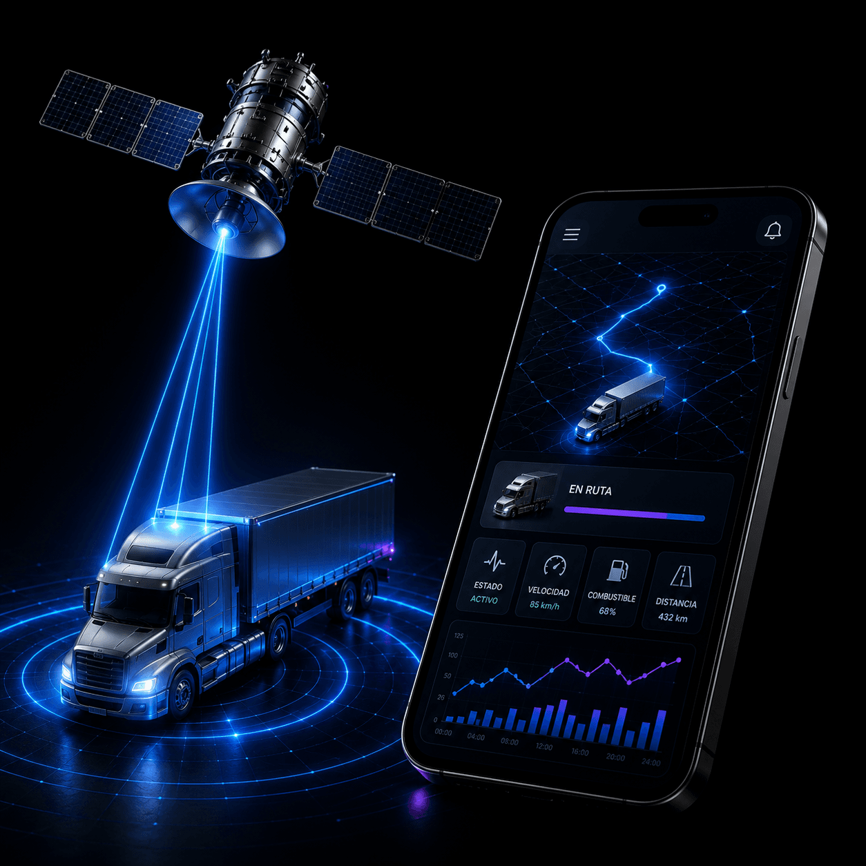 Camión rastreado por satélite y la app SYSTEC mostrando su velocidad, combustible y distancia en tiempo real